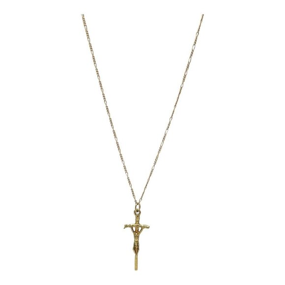 14k Gold Filled Cross Pendant Figaro Chain Necklace Spring Ring Closure - Picture 1 of 5